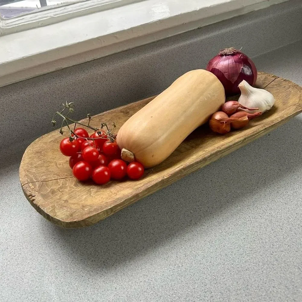 Rustic Vintage Natural Hand Carved Wooden Dough Bowl Serving Tray Fruit Bowl